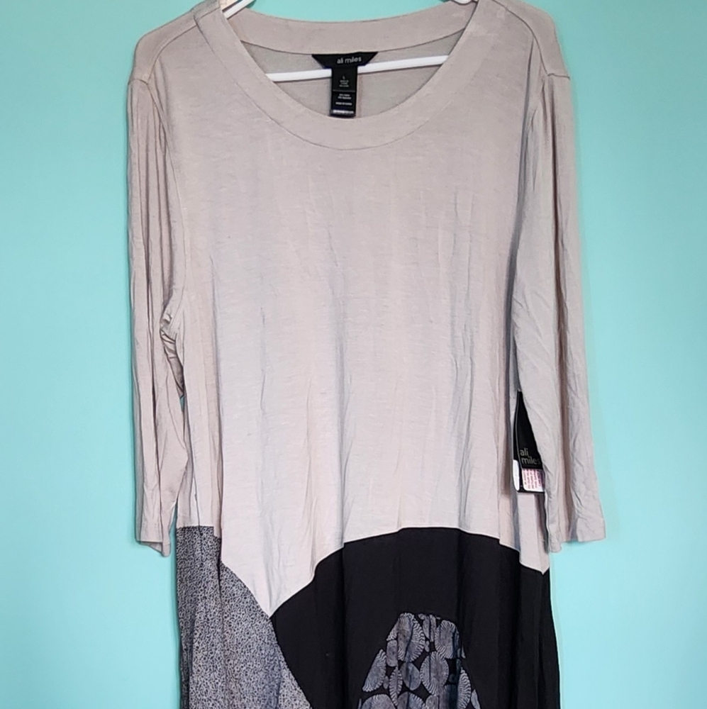 ALI MILES Long Flowy Top-Black-Beige-Grey- Women's Size Large-NWT-Lightweight